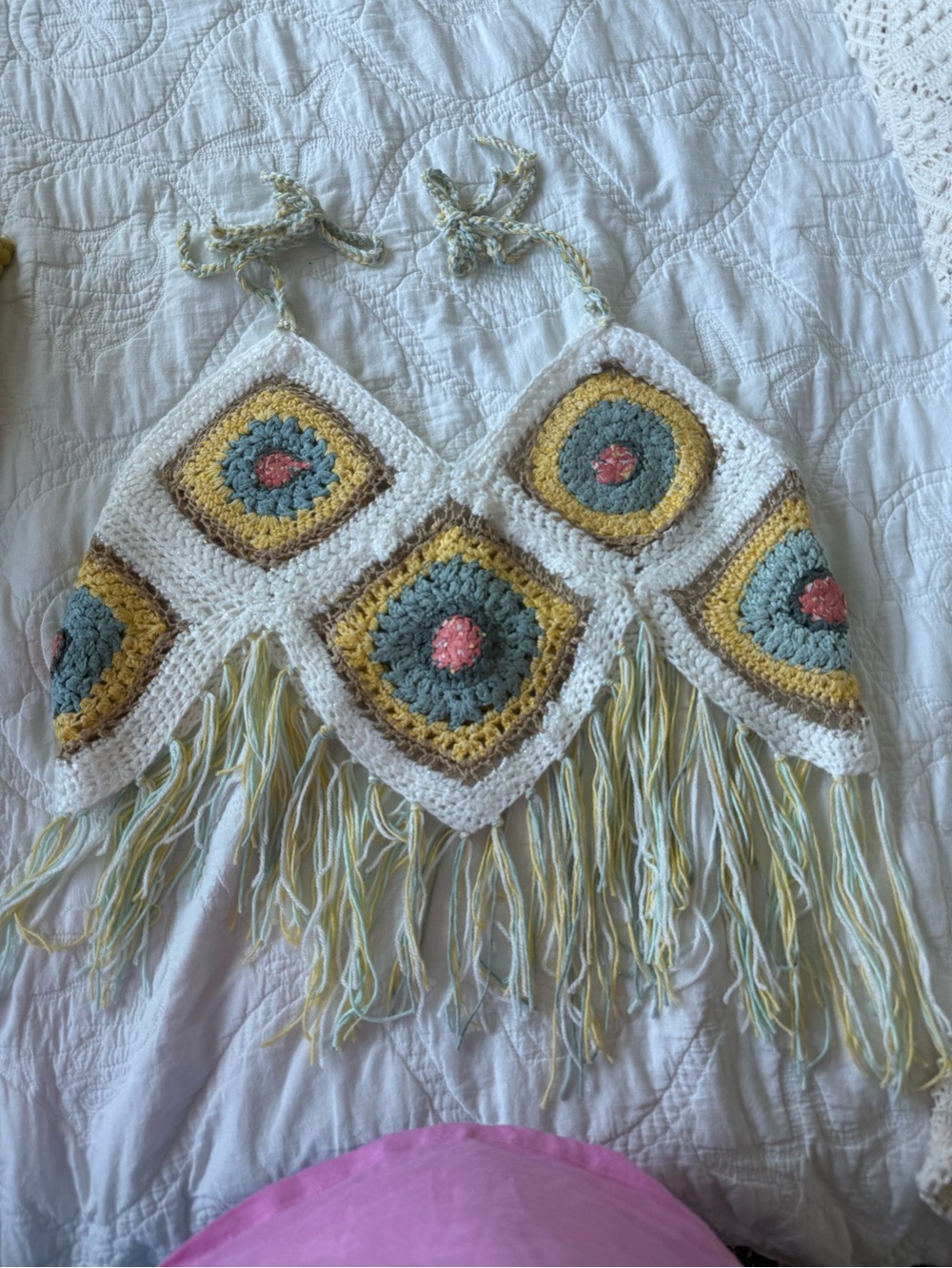 Handmade Crocheted Fringe Halter Top in White, Mustard, Blue & Pink